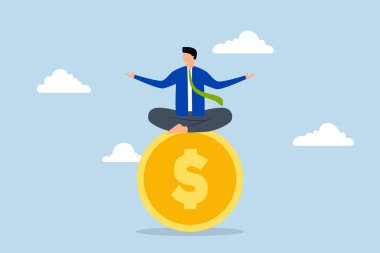 Finansal uzman, iş adamı meditasyon yapıyor ve büyük altın para üzerinde yüzüyor.