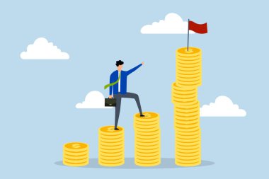 Finansal hedef, işadamı hedef bayrağa ulaşmak amacıyla madeni para yığınına tırmanmak için adım atıyor.