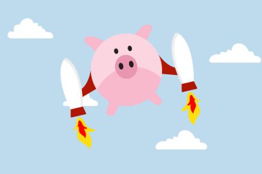 Finansal kazancı arttırmak, pembe kumbaralı ve roket itici kanatlı gökyüzünde hızla uçmak.