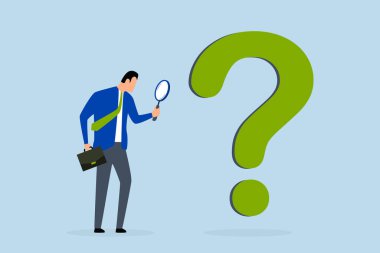 Sorun analizi, tüccar analisti soru işareti sembolünü analiz etmek için büyüteç kullanıyor..