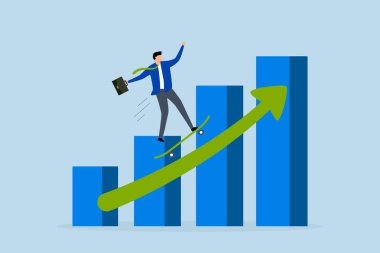 İş büyümesi ilerliyor, işletme müdürü hızla büyüyen kar tablosunda kaykay yapıyor.