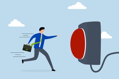 Acil yardım için düğmeye basın, dikkatli iş adamı kırmızı acil durum düğmesine basmak için acele ediyor.