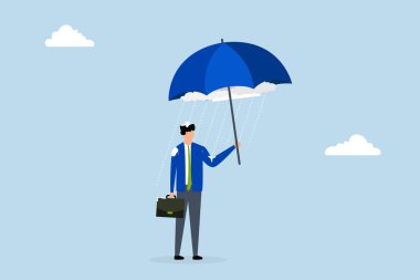 İş felaketi, yağmurlu bir günde şemsiyenin altında sırılsıklam duran işadamı..