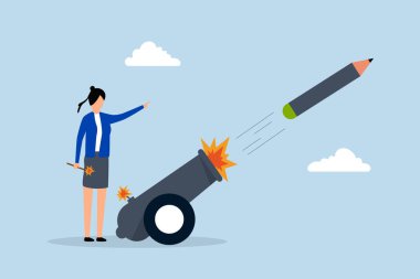 Yeni bir yaratıcılık fikri, motive olmuş yaratıcı bir kadın gökyüzüne kalem topu atarak yeni bir fikir başlatıyor..