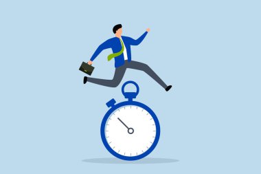 Acil durum hissi, iş adamı geri sayım saatinin üstünde koşuyor ve zıplıyor..