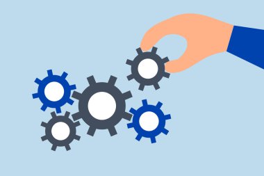 Problemi çözmek için iş çözümü, iş adamı eli makinenin iyi çalışması için önemli teçhizatlar koydu.