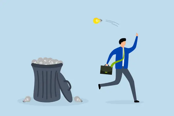 stock vector Wasted unworkable ideas, frustrated businessman throws the light bulb idea in the trash.