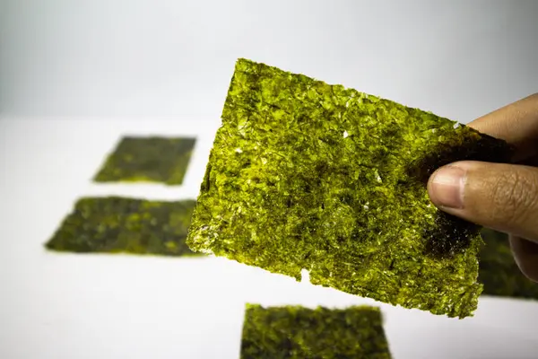 stock image Man holding Nori . Japanese dry seaweed sheets.