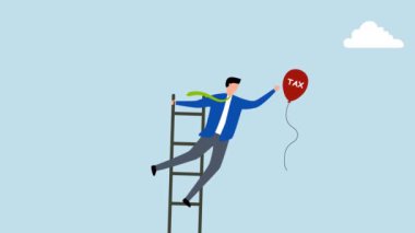 Başarının merdiveni, iş adamının 4k animasyonu dolar parasıyla bir balonu yakalamak için buluta tırmanır..
