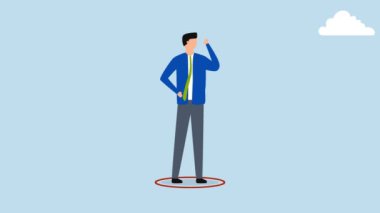 İş sınırları, hoşnutsuz iş adamının 4k animasyonu. Dar kırmızı çemberde beceriksizce dikiliyor.