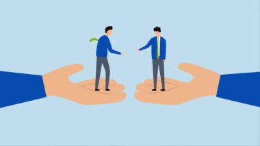 Kendine güvenen iş adamları, başarılı bir iş anlaşması için el sıkışmak üzere dev eller üzerinde duran kendine güvenen iş adamlarının 4k animasyonu..