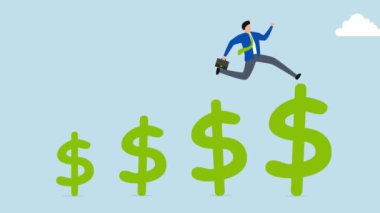 Büyüyen kazanç yatırımı, iş adamı ya da profesyonel yöneticinin 4k animasyonu altın dolar büyüme işaretleriyle koşup zıplıyor.