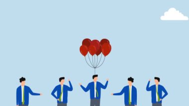 Yenilik becerisi diğerlerinden farklıdır, iş adamının diğer rakiplerinin üzerinde uçan balon kostümlü 4k animasyonu ve adaylar.