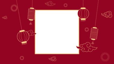 Mutlu Çin Yeni Yılı 'nın animasyonu Çiçek, fener, Asyalı elementler Kızıl Arkaplanda Altın.