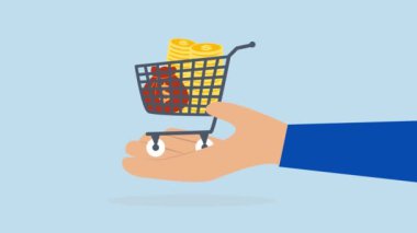 Alıcı ve satıcı için kelepir iş anlaşması, alışveriş sepetindeki 4 bin dolarlık altın sikkelerin animasyonu..