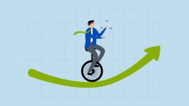 Yatırım riski, yatırım simsarının 4k animasyonu tek tekerlekli bisiklet yeşil boğa haritasında bıçakları kör etti ve hokkabazlık yapıyor.