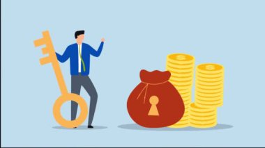 Finansal kilit başarı, 4k animasyon başarılı iş adamı finansal danışman anahtar deliği cüzdanı ve altın para yığını tutan altın anahtar.