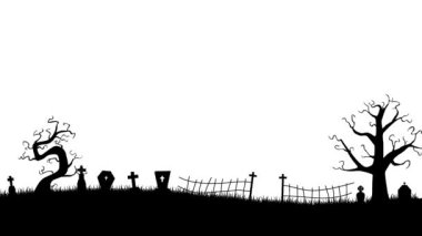 Cadılar bayramı arka plan animasyonu, balkabakları, ürkütücü ağaç, antika perili ev, ve yarasalar Cemet üzerinde uçuyor