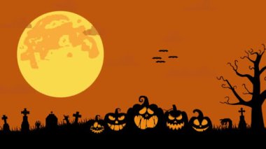 Cadılar bayramı arka plan animasyonu, balkabakları, ürkütücü ağaç, eski moda perili ev ve mezarlığın üzerinde uçan yarasalar.