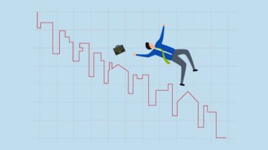 4k Animasyon Emlak Piyasası Düşük Çizelgesi, Yatırımcı veya Emlakçı Ev ve binadan kayıyor, Kırmızı Dalış Grafik ve Çizelgesi