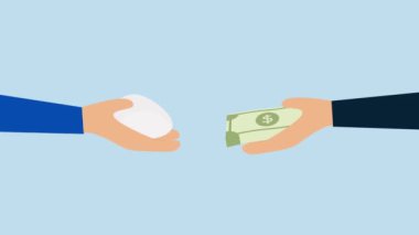 Enflasyon, iş adamı animasyonu bir yumurta almak için yığınla para tutar..