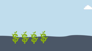 Bölünmüş yatırım, Mutlu iş adamının animasyonu para işaretinden ektiği filizleri sulamak için bir su bidonu tutuyor..