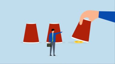 Kumar riski, iş adamının animasyonu, parayı ortaya çıkarmak için para basan bir adamın sağ fincanını işaret ediyor..