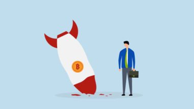 Bitcoin fiyat çöküşü, iflas etmiş üzgün iş adamının Bitcoin sembollü bir rokete düşüşü..