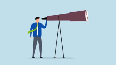 Borsa tahmini çöküşü, yatırımcının animasyonu bir teleskopla kırmızı hamurlu borsa grafiğini görüyor.