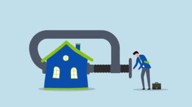 Ev kredisini yeniden finanse etmek, iş sahibi animasyonları basmak için geniş bir basın kullanıyor, ev kredisini yeniden finanse etmek için bir metafor.