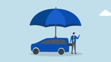 Araba sigortası, araba sahibi animasyonu güçlü bir şemsiye altında yeni arabasıyla ayakta duruyor..