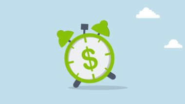 Para zamanı. Çalan çalar saatin 4k animasyonu. Bir dolar işareti var..