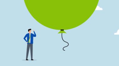 Borsa, büyük bir balon balonunun altında duran korkmuş bir iş adamı animasyonu..