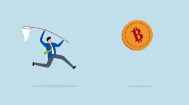Boğa piyasasında yüksek performanslı bitcoin kripto parasının peşinde koşan aç gözlü yatırımcının 4k animasyonu uçan bitcoin yakalamaya çalışıyor..