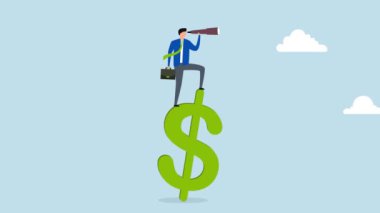 Küresel ekonomi vizyonu, bir iş adamının 4k animasyonu bir Amerikan dolarının üzerinde teleskopla geleceği görmek için duruyor..