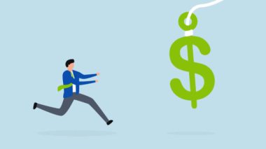 Finansal dolandırıcılık, yatırımcıların 4k animasyonu. Gizli olta yemi ile Amerikan doları kazanmak için koşuyor..