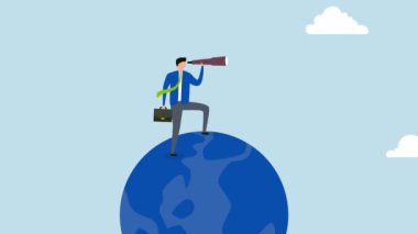 Küreselleşme, dünya gezegeninde teleskopla duran iş adamının gelecekteki olasılıkları görmek için 4k animasyonu..