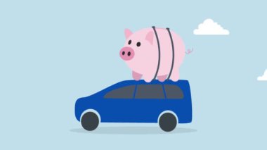 Yeni araba almak için para biriktiriyorum. Arabanın çatısında büyük pembe domuz cüzdanının 4K animasyonu..