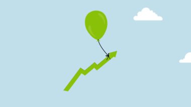 Piyasa yükseliyor, gökyüzünde yükselen yeşil grafiğe bağlı balonun 4k animasyonu.