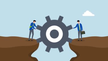 Risk yönetimi ve iş adamlarının 4k animasyonu tehlikeli uçurumlardan geçmek için bir köprüye ekipman veya dişli yerleştirilmesine yardımcı oluyor..