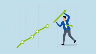 iş başarısı, iş adamının 4k animasyonu borsa patlaması grafiği ve grafiği oluşturmak için ok taşıyor.