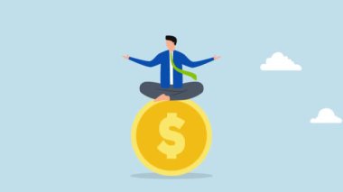 Finansal uzman, iş adamlarının 4k animasyonu meditasyon ve büyük altın para üzerinde yüzme.