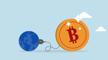 Kripto para sürdürülebilirlik problemi, elektrik prizli büyük Bitcoin 'in 4k animasyonu Dünya' dan enerji emer.