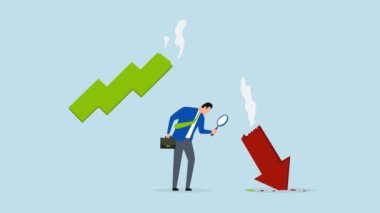 Piyasa çöküş analizi, iş adamı analistinin çarpma grafiğindeki kırmızı oka bakmak için büyüteç kullandığı 4k animasyon.