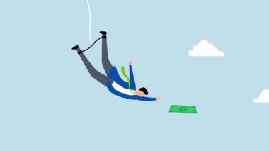 Yatırım riski, kendine güvenen kurnaz iş adamının 4k animasyonu para koparmak için bungee jumping.