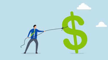 Para kazanmak için çok çalışan, çok çalışan iş adamının 4k animasyonu işten büyük dolar işareti çıkardı.