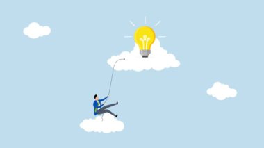 Yaratıcı fikir, 4k animasyon. Yaratıcı adam ampul fikrini bulmak için ipten buluta tırmanıyor..