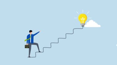 İş dünyasının yaratıcılığı, iş adamının 4k animasyonu güç hattı üzerinde yürümeye başlar..