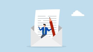 Profesyonel gibi e-posta yazmak, iş adamının 4k animasyonu posta zarfını açar ve dolmakalem tutar.