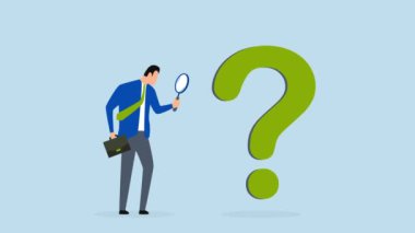 Problem analizi, tüccar analistinin soru işareti sembolünü analiz etmek için büyüteç kullanarak 4k animasyonu.